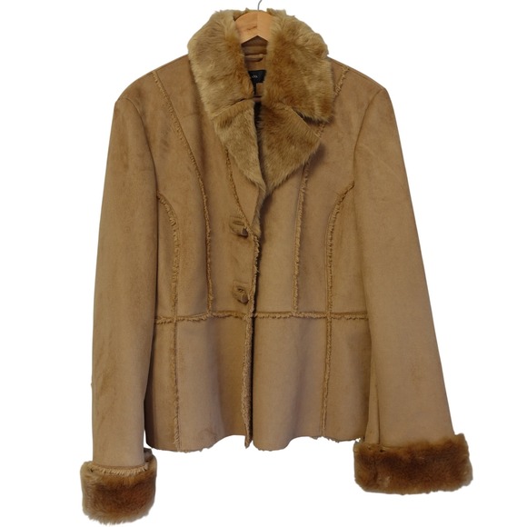 Style & Co. Jackets & Blazers - Vtg Penny Lane Faux Suede Shearling Jacket Womens L Tan Honey Toggle Deadstock